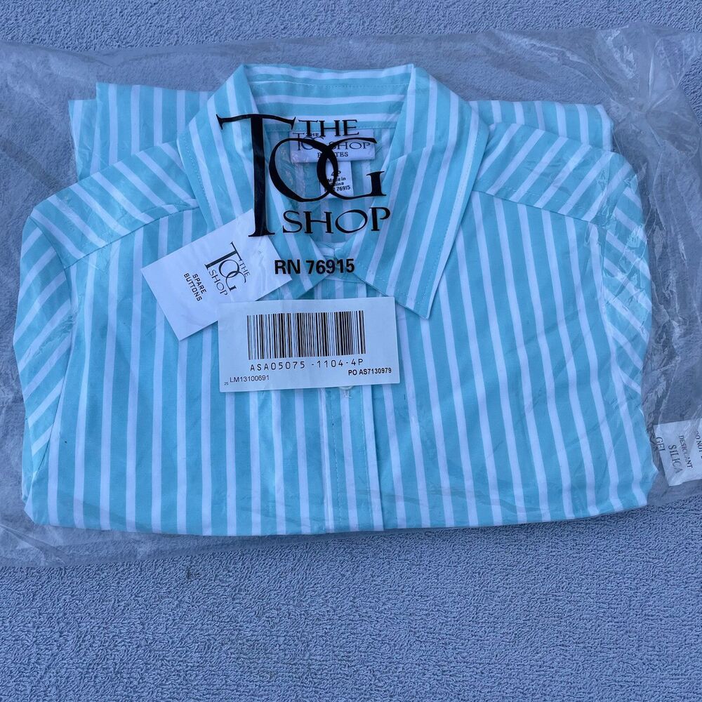 The Tog Shop Button Up Long Sleeve Shirt Women's 4P Sky Blue White Striped New